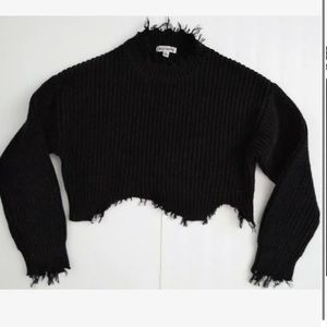 Wild Honey Crop Distressed Hem Ribbed Knit Sweater
